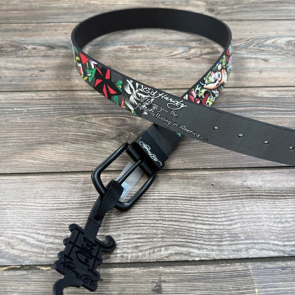 Ed Hardy Mens Size 40 Reversible Belt Grey Black Tattoo Graphic Mermaid NWT